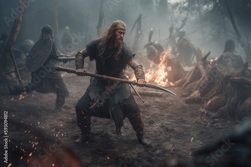 Vikings, Normans warriors and generals fighting on the battlefield, epic battle scene. Generative AI