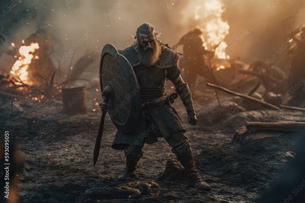 Vikings, Normans warriors and generals fighting on the battlefield, epic battle scene. Generative AI Vikings, Normans warriors and generals fighting on the battlefield, epic battle scene. Generative AI