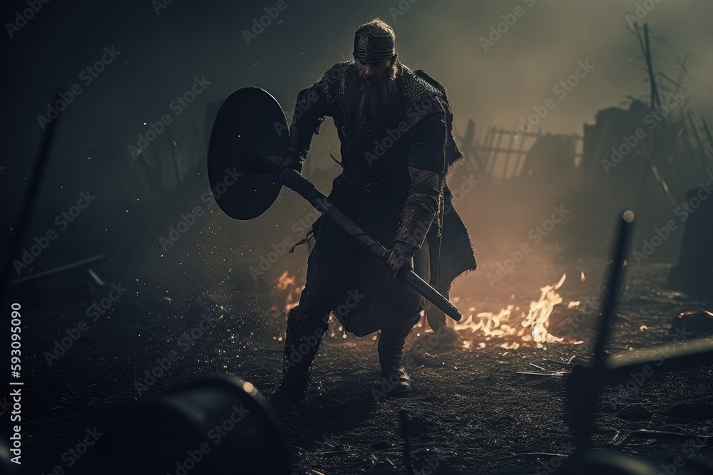 Vikings, Normans warriors and generals fighting on the battlefield, epic battle scene. Generative AI Vikings, Normans warriors and generals fighting on the battlefield, epic battle scene. Generative AI