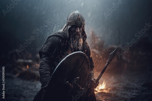 Vikings, Normans warriors and generals fighting on the battlefield, epic battle scene. Generative AI