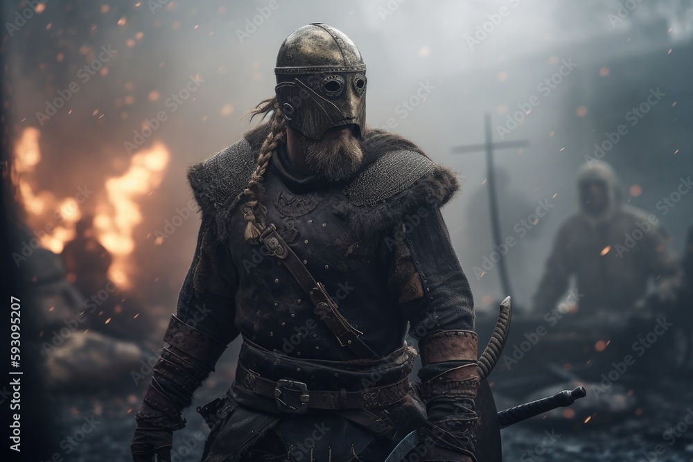 Fototapeta premium Vikings, Normans warriors and generals fighting on the battlefield, epic battle scene. Generative AI