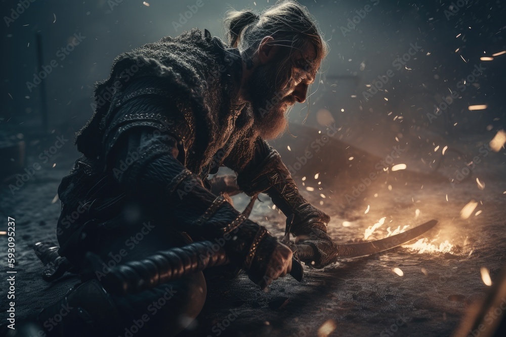 Vikings, Normans warriors and generals fighting on the battlefield, epic battle scene. Generative AI Vikings, Normans warriors and generals fighting on the battlefield, epic battle scene. Generative AI