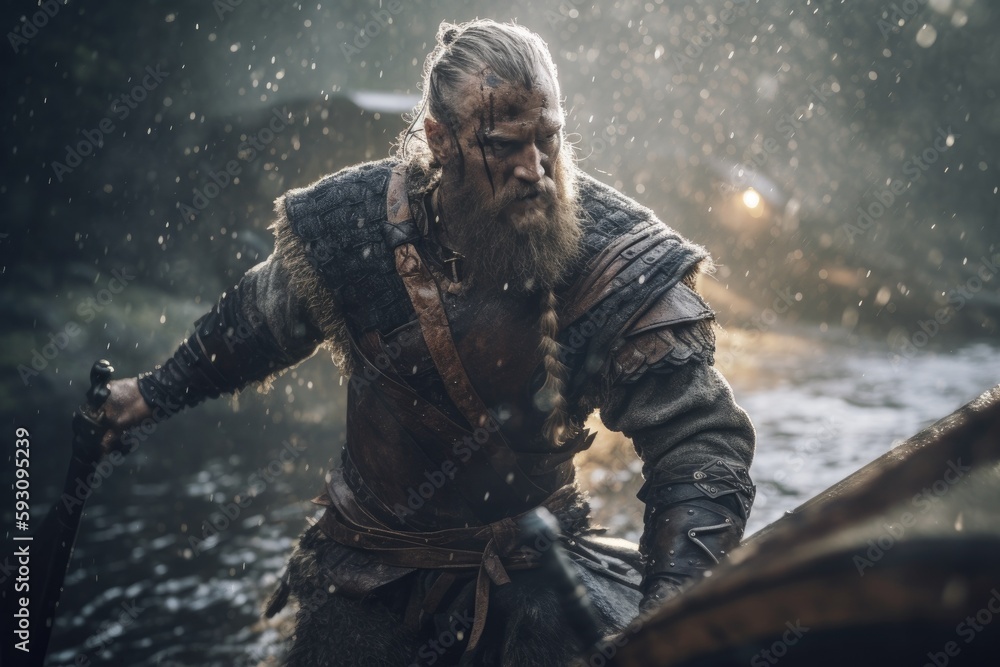 Vikings, Normans warriors and generals fighting on the battlefield, epic battle scene. Generative AI Vikings, Normans warriors and generals fighting on the battlefield, epic battle scene. Generative AI
