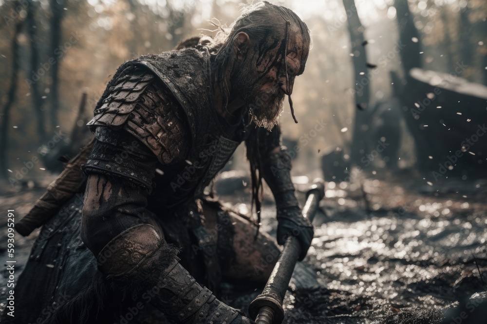 Vikings, Normans warriors and generals fighting on the battlefield, epic battle scene. Generative AI Vikings, Normans warriors and generals fighting on the battlefield, epic battle scene. Generative AI