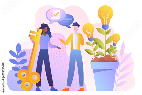 Concept of exchange. Woman with golden key stands next to man with light bulbs. Investor and entrepreneur make deal, successful negotiations. Girl buys ideas. Cartoon flat vector illustration