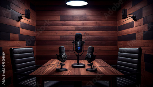 podcast studio with professional microphones ina  wooden table