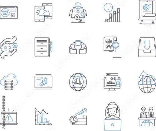 Data and computer outline icons collection. Data, Computer, Analysis, Science, Networking, Technology, Storage vector and illustration concept set. Processing, Programming, Security linear signs