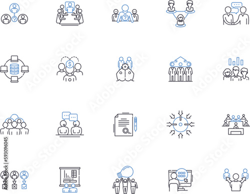 Conference outline icons collection. Meeting, Event, Gathering, Seminar, Summit, Forum, Retreat vector and illustration concept set. Assembly, Symposium, Expo linear signs photo