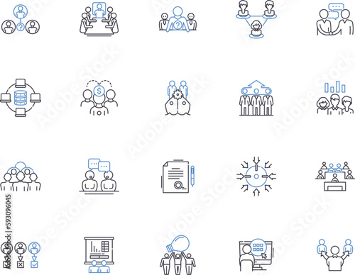Conference outline icons collection. Meeting, Event, Gathering, Seminar, Summit, Forum, Retreat vector and illustration concept set. Assembly, Symposium, Expo linear signs