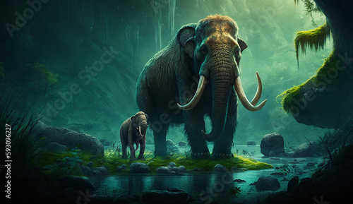An elephant is walking in the jungle with its baby AI Generated
