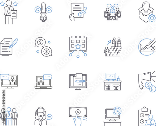 Product launch outline icons collection. Product, Launch, Release, Rollout, Unveil, Debut, Introduce vector and illustration concept set. Market, Promote, Brand linear signs
