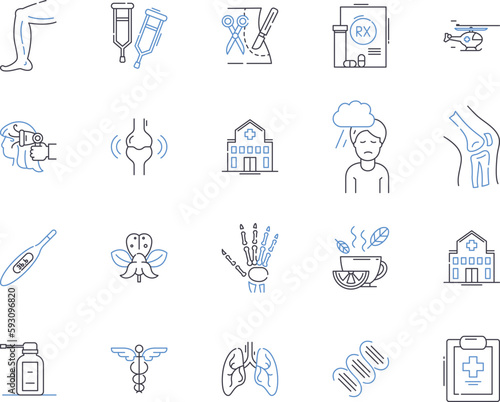 Health treatment outline icons collection. Therapy, Care, Healing, Prevention, Cure, Remedy, Medication vector and illustration concept set. Treatment, Surgery, Rehabilitation linear signs
