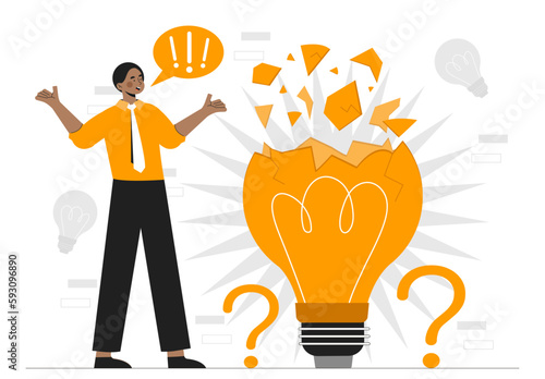 Man with broken lamp. Bad idea for start up or business project. Young guy with crashed light bulb. Unsuccessful entrepreneur or businessman, wrong planning. Cartoon flat vector illustration