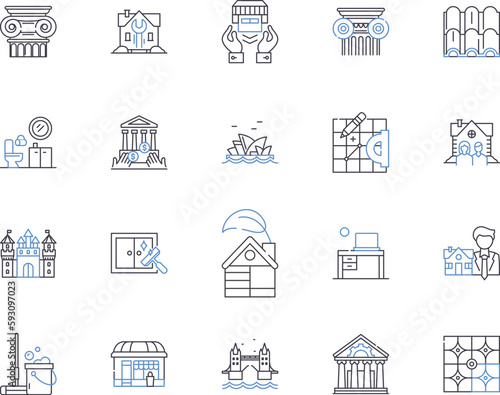 Houses and household outline icons collection. House, Household, Home, Dwelling, Residence, Abode, Villa vector and illustration concept set. Cottage, Condo, Apartment linear signs