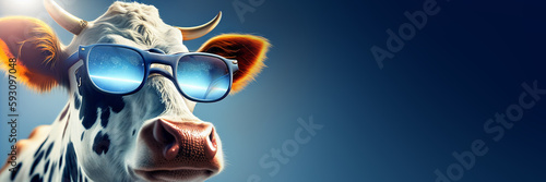 Funny cow with sunglasses on blue background. Generative AI.