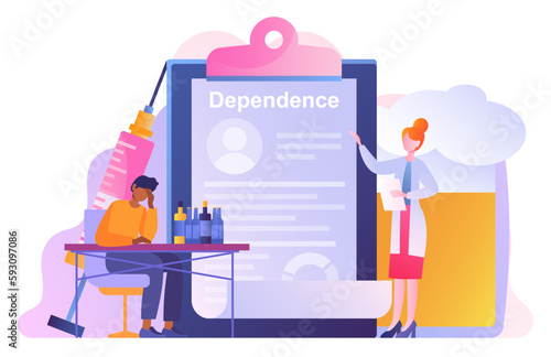 Addiction treatment concept. Woman in medical uniform stands near man with bottles of alcoholic beverages. Fighting bad habits and health care, avoiding alcohol. Cartoon flat vector illustration