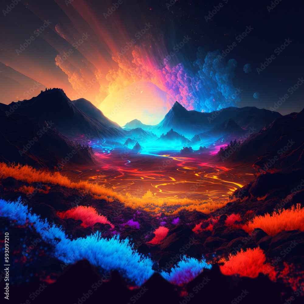 Lightning over the mountains, abstract theme colourful, element for backgrounds, banners, wallpapers, posters and covers. Generative Ai