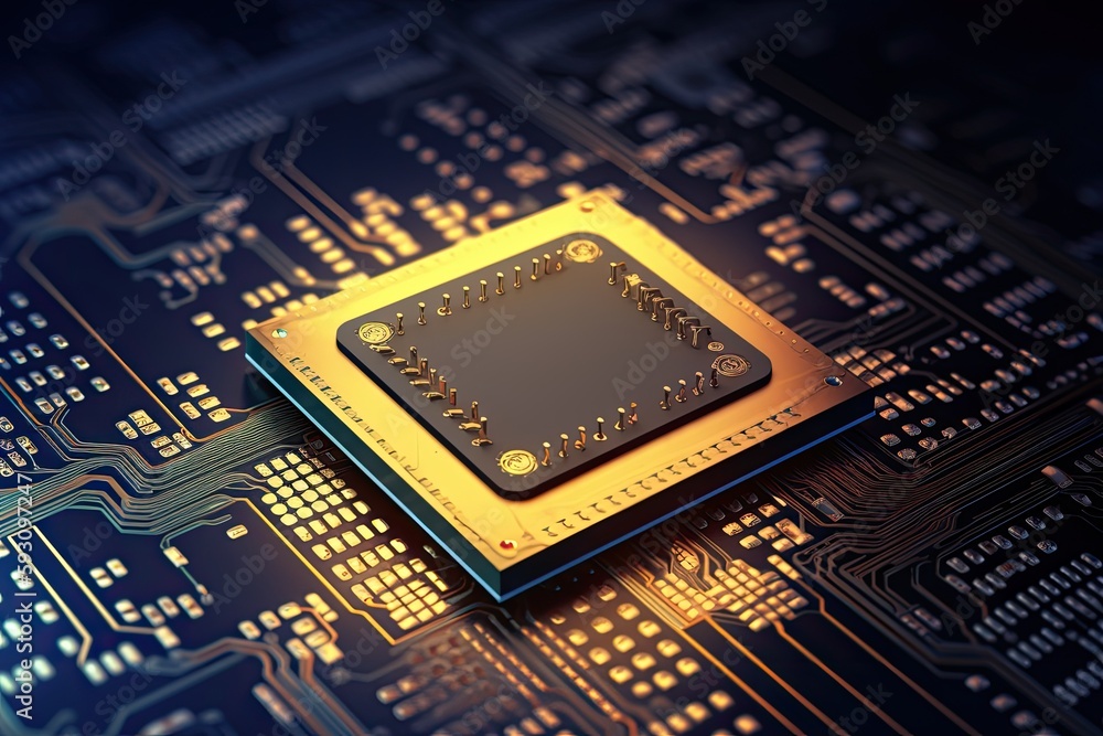 close-up view of a computer processor chip on a circuit board. Generative AI close-up view of a computer processor chip on a circuit board. Generative AI
