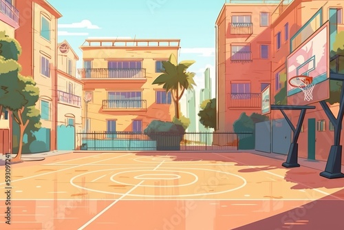 Basketball court in a tropical city in a cartoon. Generative AI © Lasvu