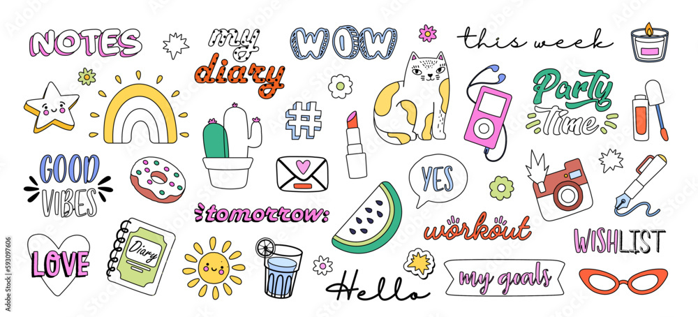 Fototapeta premium Small stickers for diaries. Collection of graphic elements for website. Multicolored inscriptions, rainbow and cat. Labels for notebooks. Cartoon flat vector illustrations isolated on white background