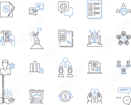 Assessment management outline icons collection. Assessment, Management, Evaluating, Rating, Testing, Measuring, Quantifying vector and illustration concept set. Scoring, Surveying, Analyzing linear
