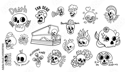 Skull stickers linear set. Collection of graphic elements for website. Day of Dead and Halloween. Skeleton heads with inscriptions. Cartoon flat vector illustrations isolated on white background