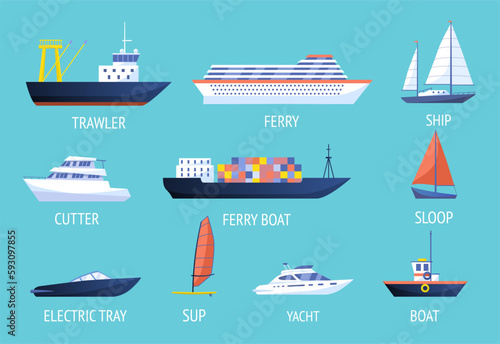 Set of ships with text. Ferry boat, Yacht, sup, trawler and electric tray. Collection of nautical transport for travel and transportation. Cartoon flat vector illustrations isolated on blue background