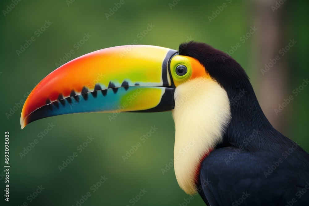 Fototapeta premium Wild toucan portrait. Tropical colorful bird. Big horn exotic bird face. Brazilian toucan side view. Generative AI wildlife