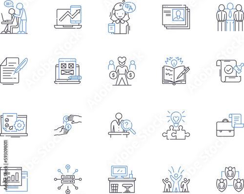 Working team outline icons collection. Collaborative, Unit, Cooperative, Productive, Efficient, Effective, Unified vector and illustration concept set. Group, Members, Professional linear signs