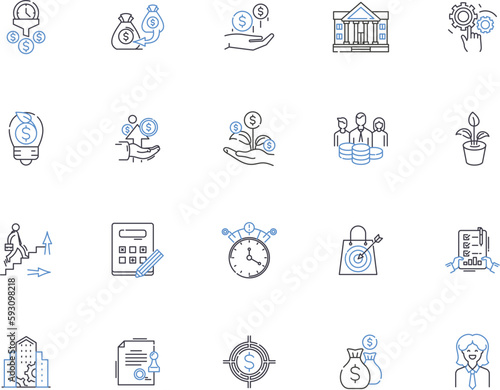 Business and finance outline icons collection. Finance, Business, Investment, Banking, Accounting, Management, Capital vector and illustration concept set. Economics, Stock, Wealth linear signs