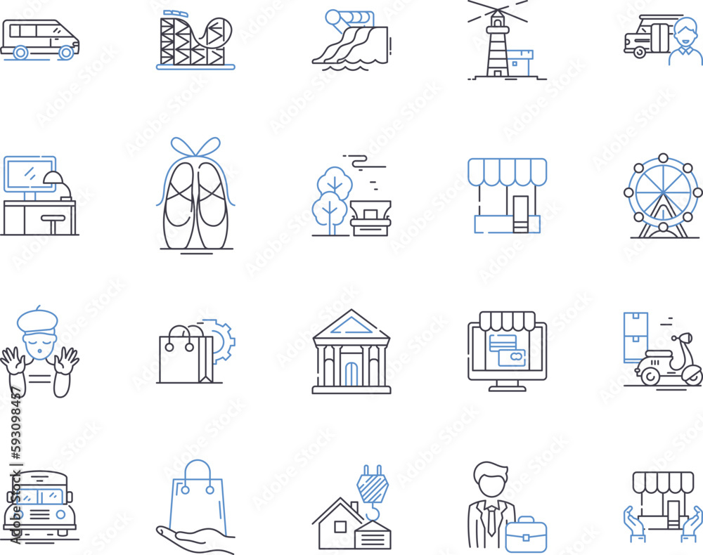 Retail industry outline icons collection. Retail, Trading, Merchandising, Shopping, Stores, Outlets, Marketplaces vector and illustration concept set. Supermarkets, Wholesalers, Vendors linear signs
