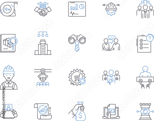 Factory workflow outline icons collection. Factories, Workflow, Production, Manufacturing, Process, Quality, Machines vector and illustration concept set. Automation, Output, Logistics linear signs