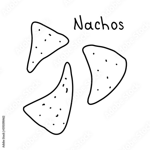 Mexican corn chips nachos or tortilla chips, doodle style flat vector outline for coloring book