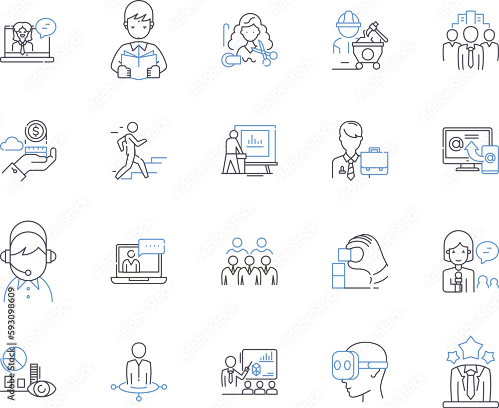 Office occupation outline icons collection. Clerk, Receptionist, Manager, Typist, Administrator, Accountant, Analyst vector and illustration concept set. Supervisor, Consultant, Secretary linear signs Office occupation outline icons collection. Clerk, Receptionist, Manager, Typist, Administrator, Accountant, Analyst vector and illustration concept set. Supervisor, Consultant, Secretary linear signs