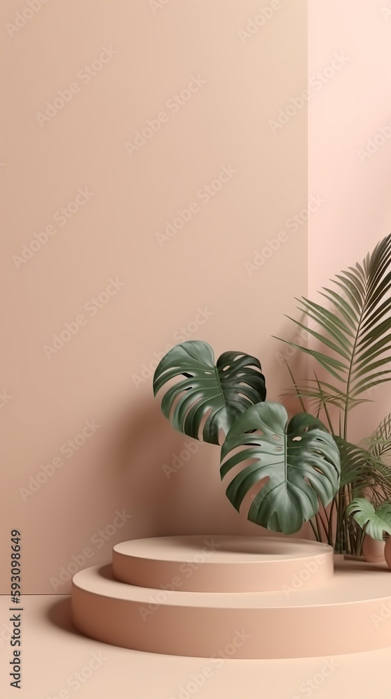 Fototapeta premium Minimal Display Podium with Tropical Plants and Flowers - Product Showcase