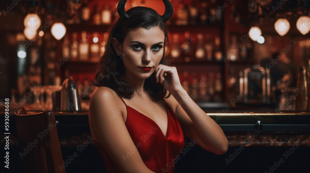 Beautiful girl as a devil with horns sitting in a bar in a red dress created with generative AI technology
