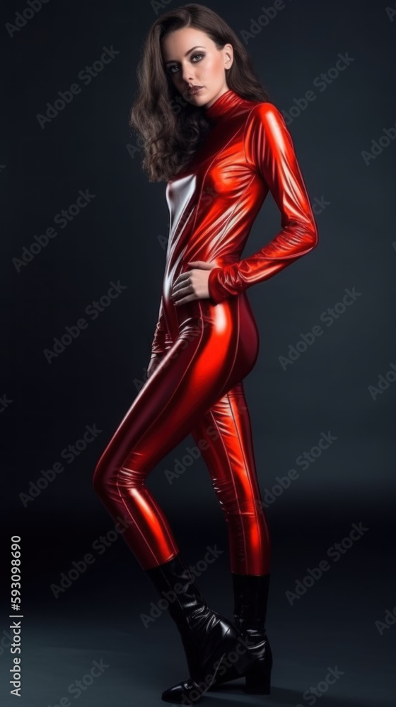  Blonde girl wearing red latex and leather created with generative AI technology
