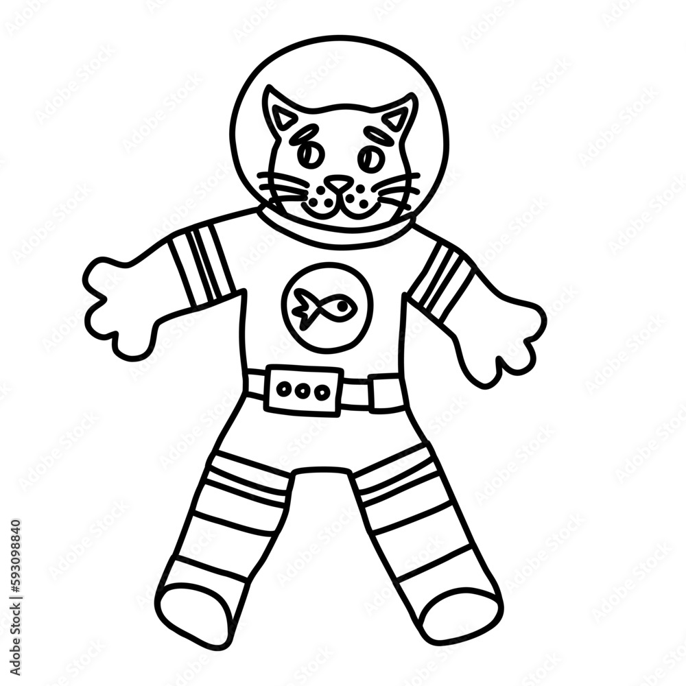 Cute cartoon style cat astronaut, doodle style flat vector outline for coloring book