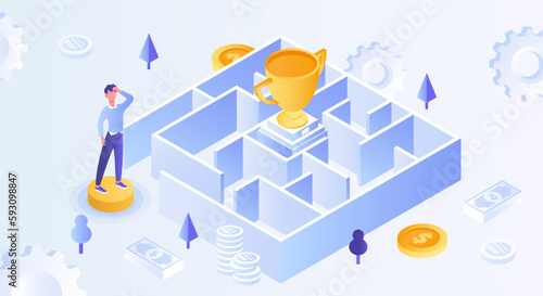 Man stands in front of maze or labyrinth with trophy and achievement, golden cup. Businessman or entrepreneur makes decision and solves problem, puzzle. Cartoon isometric vector illustration