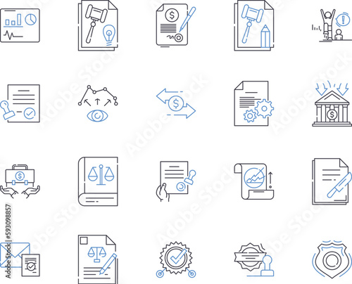 Legal business outline icons collection. Law, Business, Legal, Corporate, Contract, Litigation, Agreement vector and illustration concept set. Compliance, Regulations, Statutes linear signs