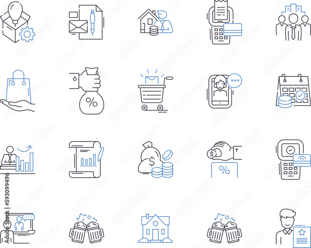 Trade and finace outline icons collection. Finance, Trading, Markets, Investment, Banking, Exchange, Funds vector and illustration concept set. Stocks, Bonds, Brokerage linear signs