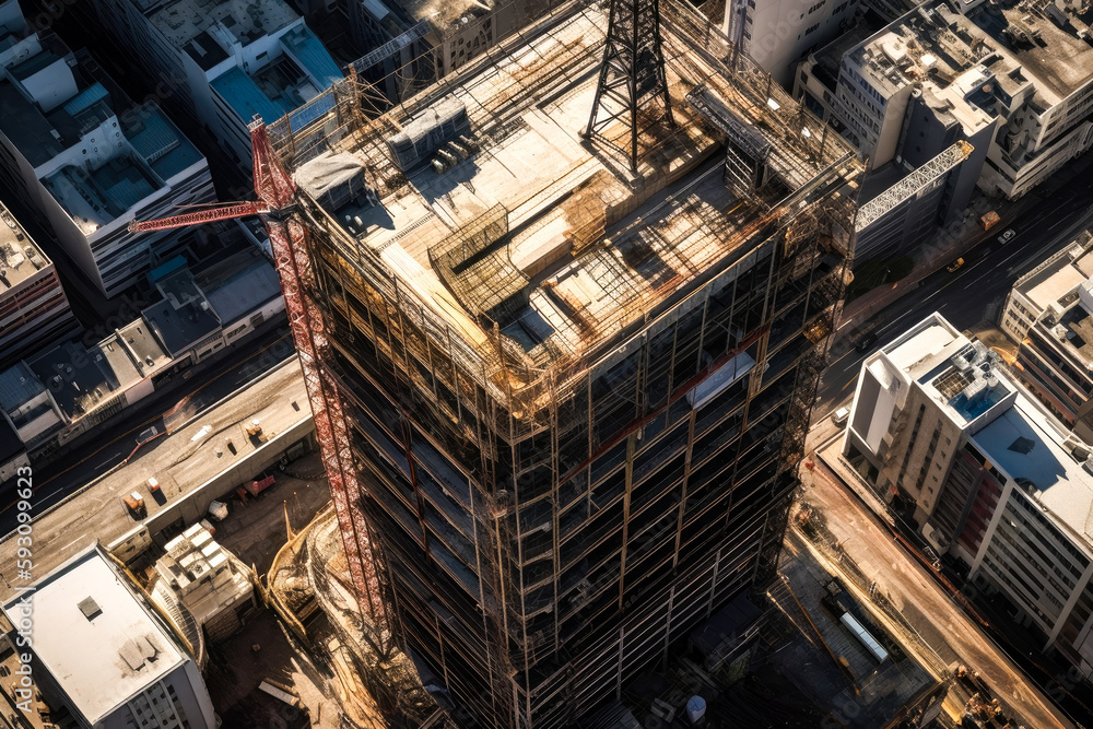 Top down view of skyscraper construction, drone aerial point of view. Cranes and other construction equipment. High quality generative ai