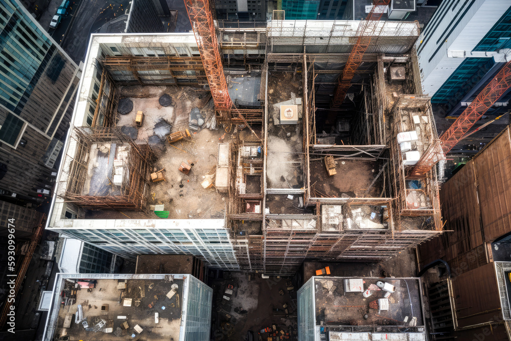 Top down view of skyscraper construction, drone aerial point of view. Cranes and other construction equipment. High quality generative ai Top down view of skyscraper construction, drone aerial point of view. Cranes and other construction equipment. High quality generative ai