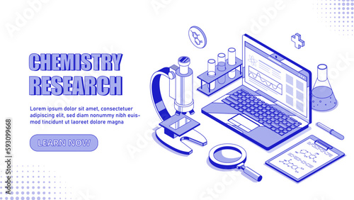 Chemistry research concept. Microscope, magnifying glass and test tubes next to laptop. Scientific experiment in laboratory and study of interaction of reagents. Cartoon isometric vector illustration