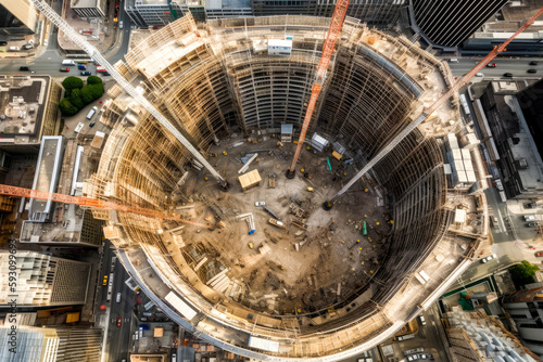 Top down view of a round skyscraper construction, drone aerial point of view. Cranes and other construction equipment. High quality generative ai photo