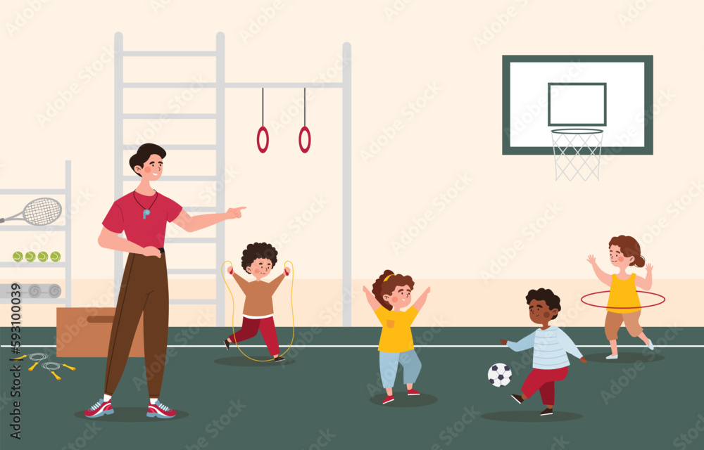 Children in gym concept. Physical education teacher gives instructions to teens and schoolchildren. Schoolboy jumping rope, boy kicking soccer ball, girl with hoop. Cartoon flat vector illustration
