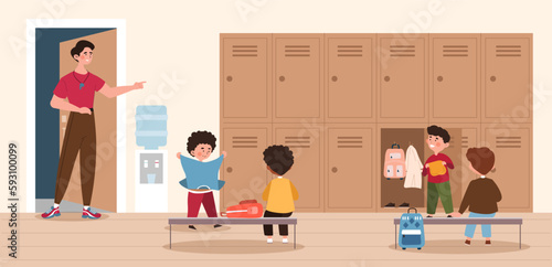 Children in locker room. Physical education teacher with whistle stands in childrens locker room. School and education, rest after class. Training or workout in gym. Cartoon flat vector illustration