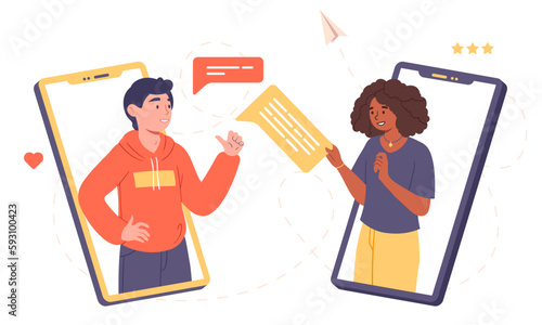 Communication through gadgets. Young man and woman with speech bubbles on device screens. Chat, dialogue and discussion in social networks and instant messengers. Cartoon flat vector illustration