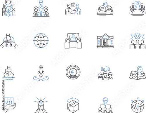 International business outline icons collection. Global, Trade, Export, Import, Cross-border, Outsourcing, Foreign vector and illustration concept set. Partnership, Investment, Marketing linear signs