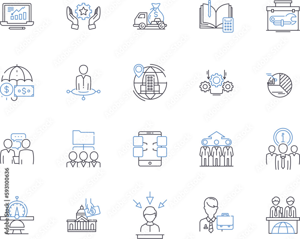Fototapeta premium Factory workflow outline icons collection. Factories, Workflow, Production, Manufacturing, Process, Quality, Machines vector and illustration concept set. Automation, Output, Logistics linear signs